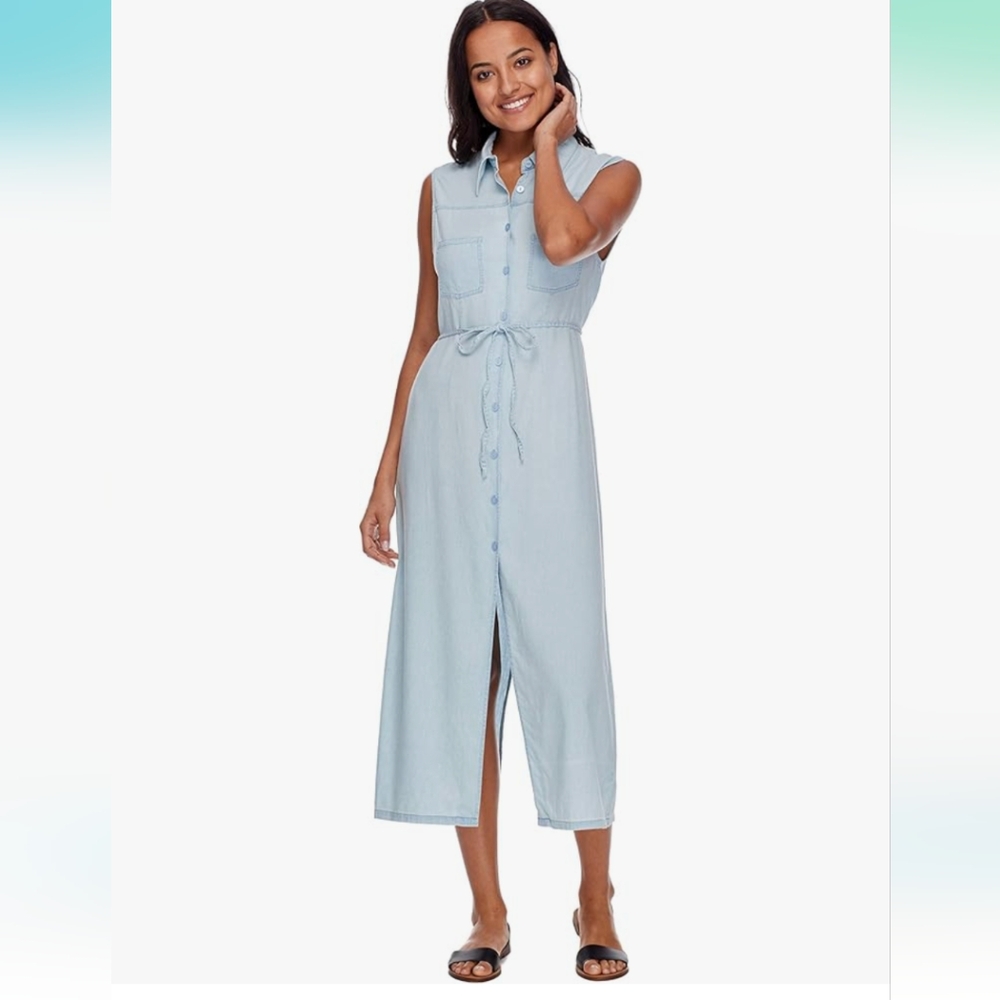 Skye Taranis Button Front Sleeveless Dress 100% Rayon Light Blue Denim Size S